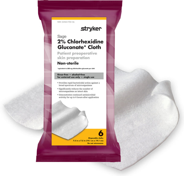 Sage 2% Chlorhexidine Gluconate (CHG) Cloths - 6pk